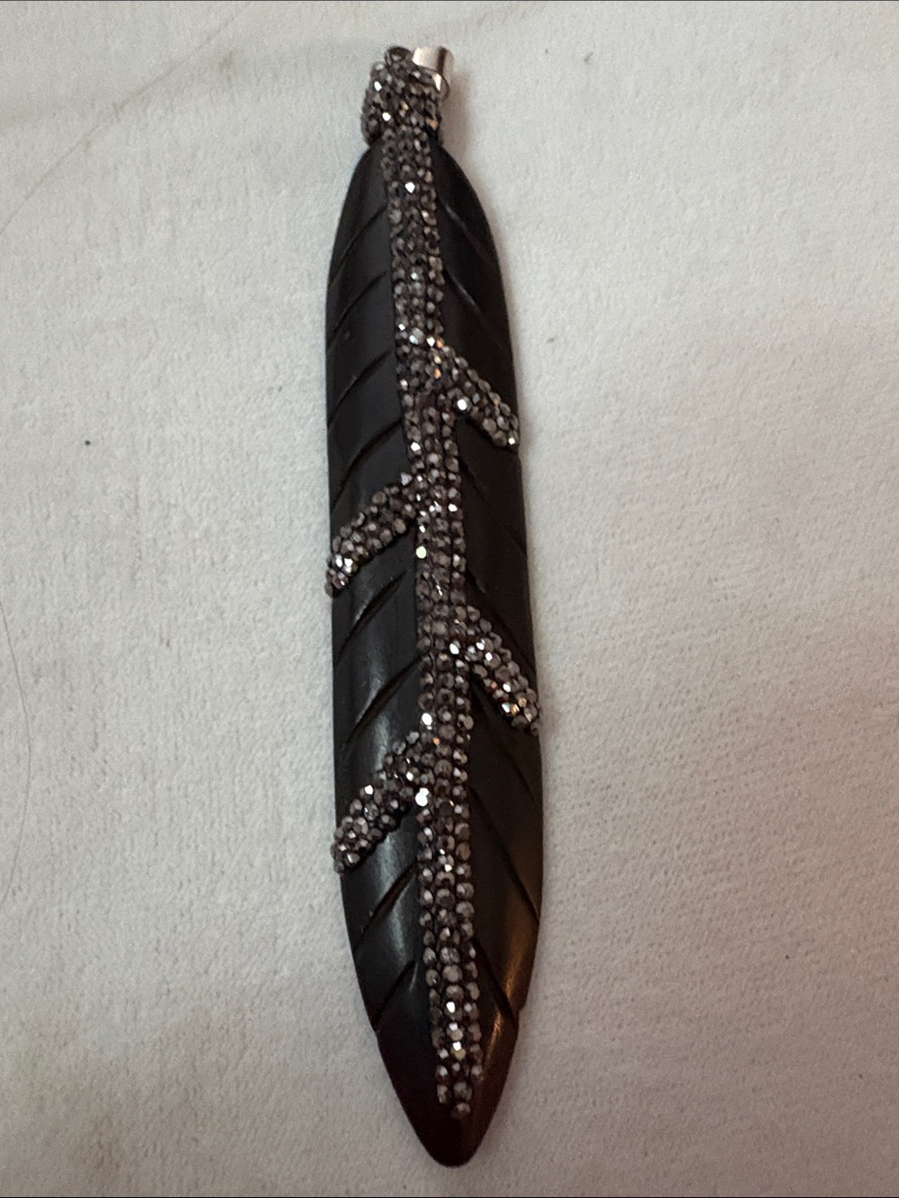 Vintage Black Feather Necklace Pendant with Sparkling Crystal Trim